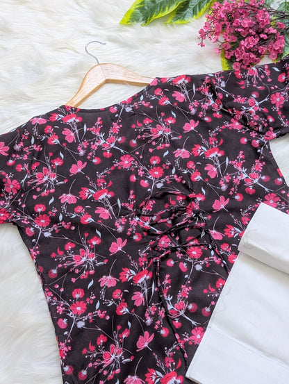 Black Floral Lawn Farshi Set - Corset Back - 2pcs