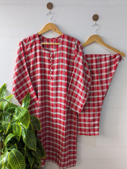 Red Checks Linen 2pc Dress