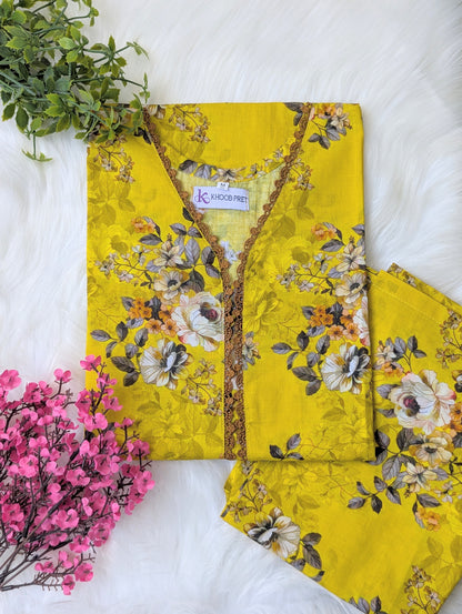 Yellow Floral Lawn Stitched 2pc