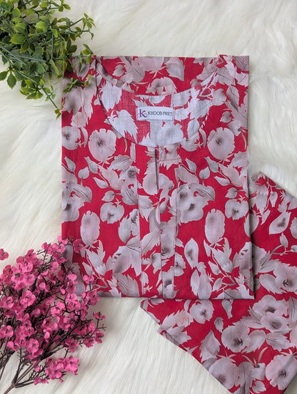 Red & White Florals Lawn Stitched 2pc
