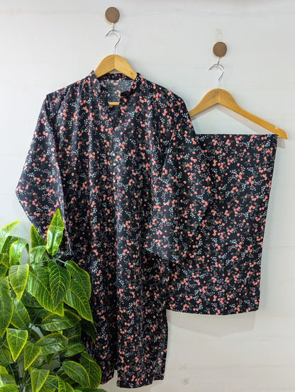 Black Petals Linen Stitched 2pc