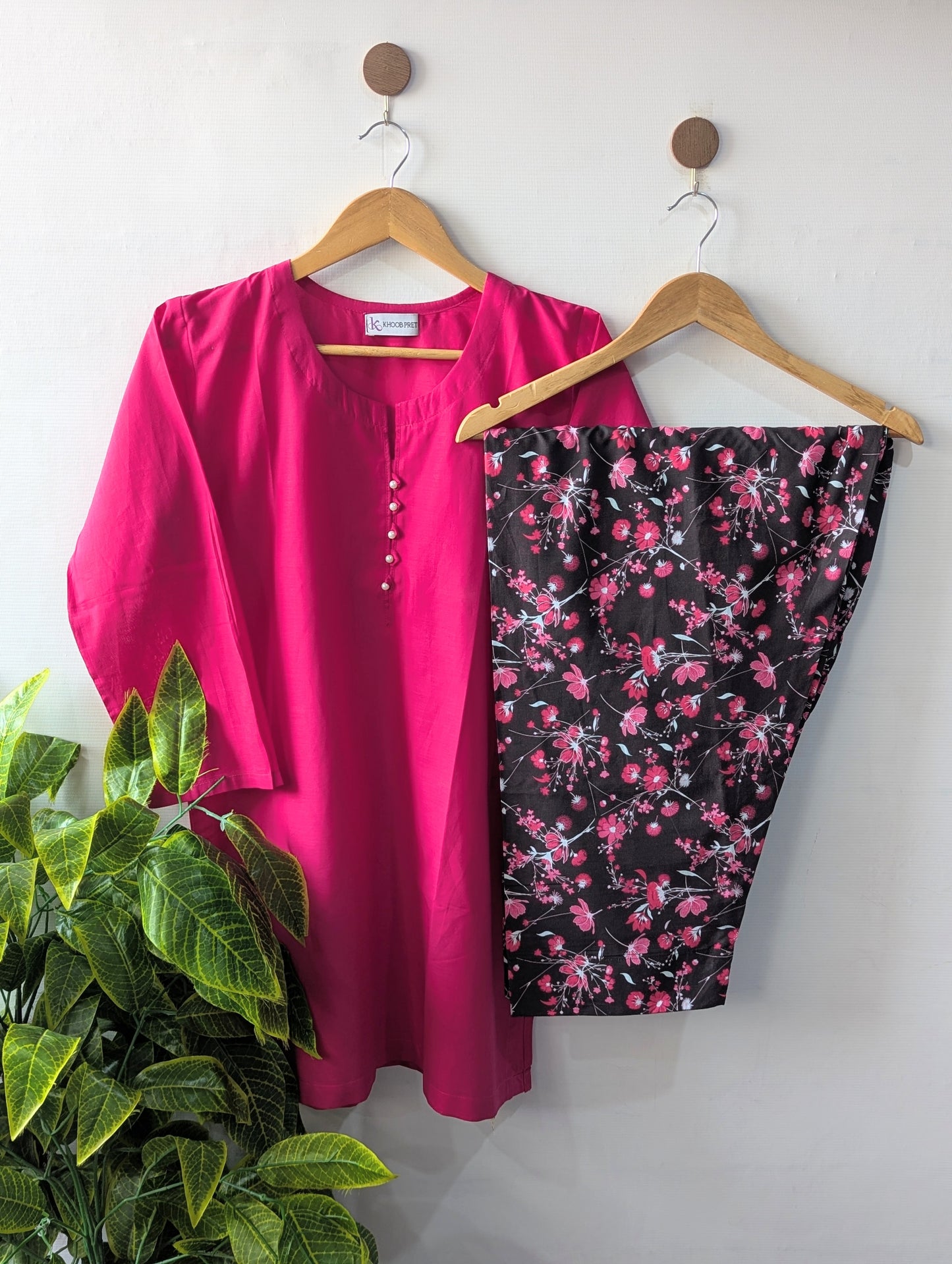 Shocking Pink & Floral Lawn Farshi Set - 2pc