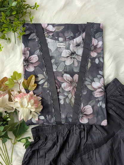 Ice Grey Floral Lawn Farshi Shalwar Set - 2pc Dress