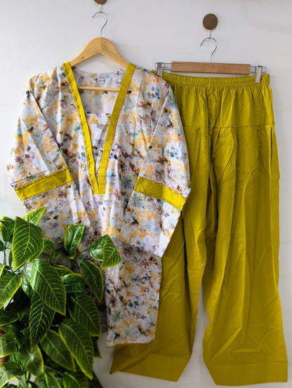 Mustard Florals Lawn Farshi Shalwar Set - 2pc Dress
