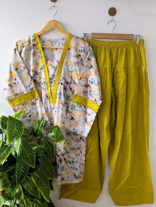 Mustard Florals Lawn Farshi Shalwar Set - 2pc Dress