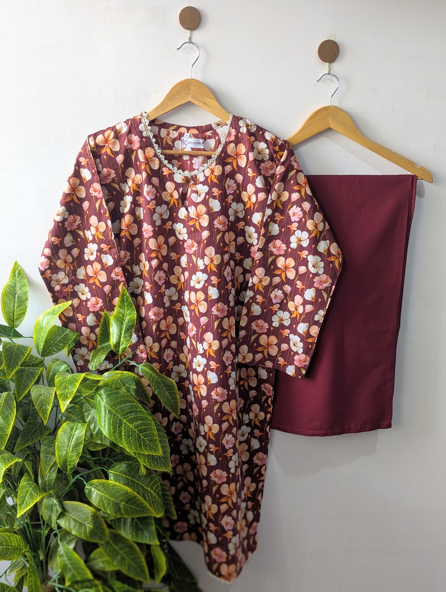 Maroon Petals & Solid Wide Leg Plazo - 2pcs