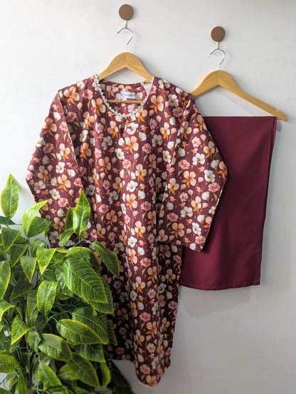 Maroon Petals & Solid Wide Leg Plazo - 2pcs
