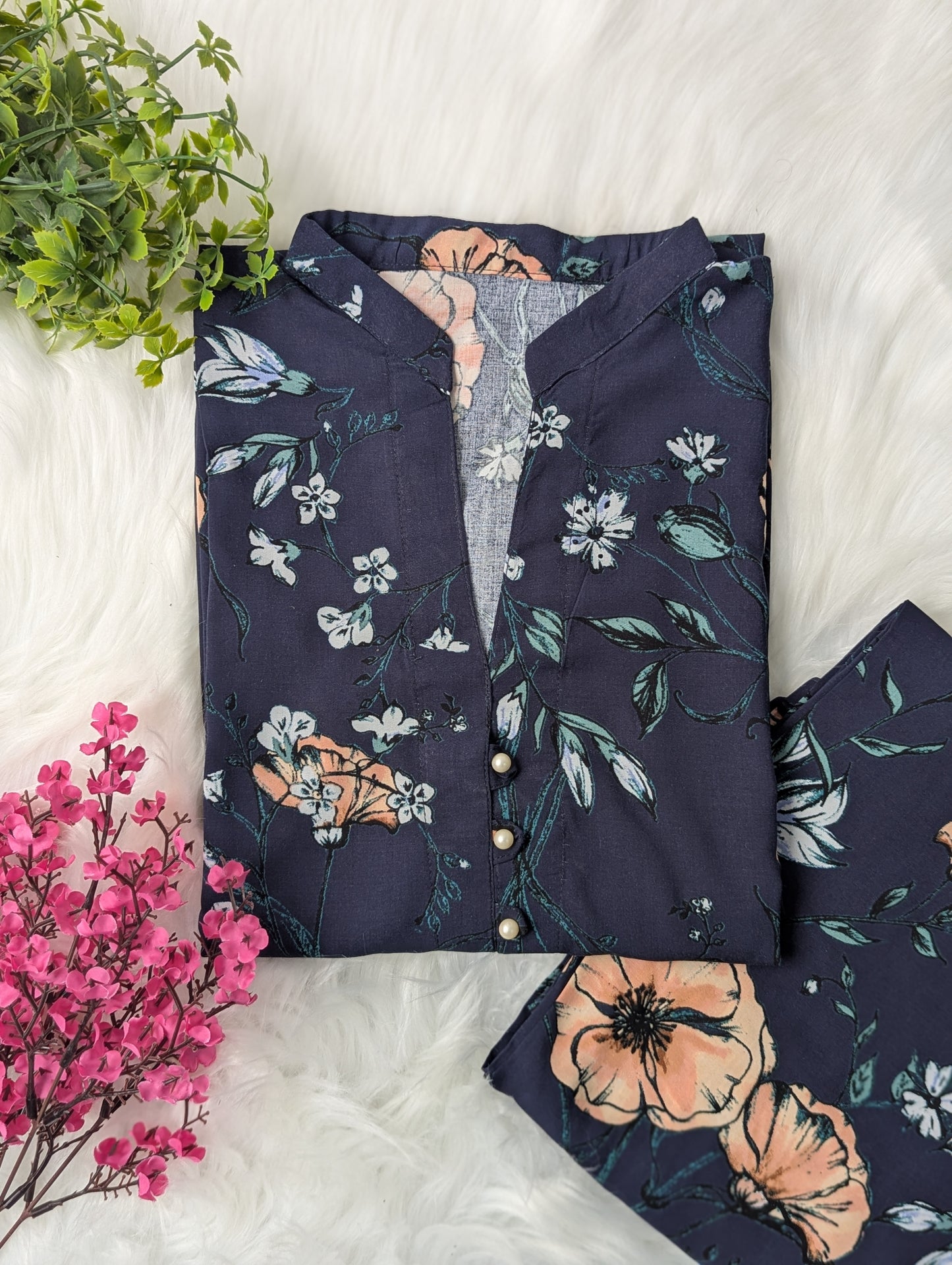 Navy Florals Linen Stitched 2pc