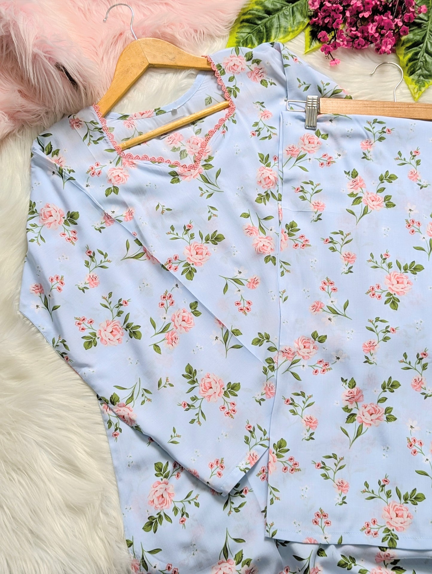 Sky & Pink Petals Linen Stitched 2pc