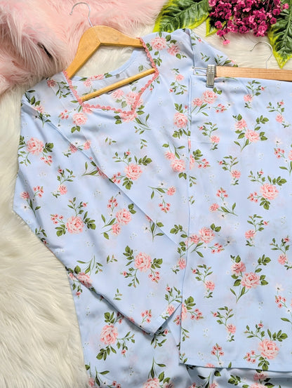 Sky & Pink Petals Linen Stitched 2pc