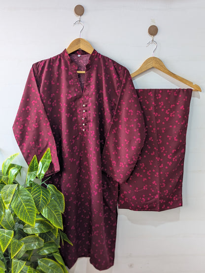 Burgundy Little Flower Linen Stitched 2pc