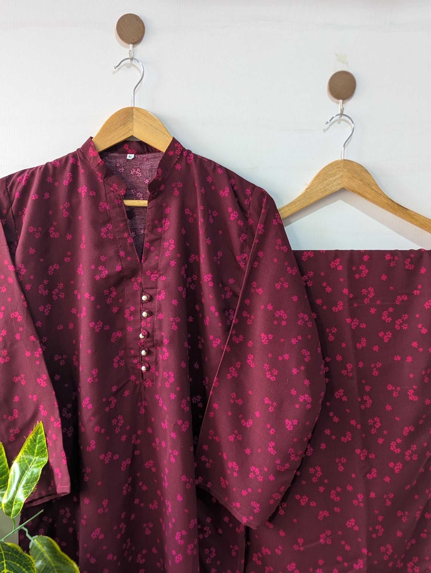 Burgundy Little Flower Linen Stitched 2pc