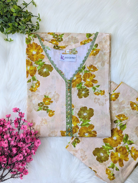 Beige Florals Lawn Stitched 2pc