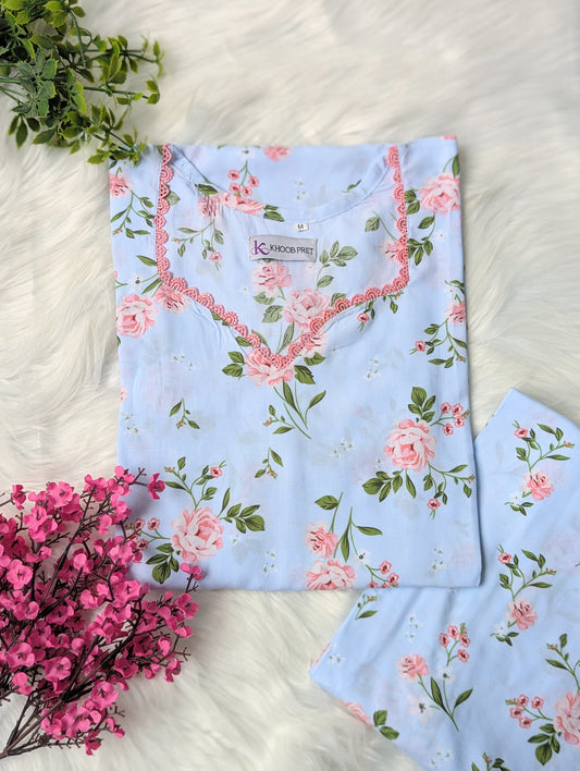 Sky & Pink Petals Linen Stitched 2pc