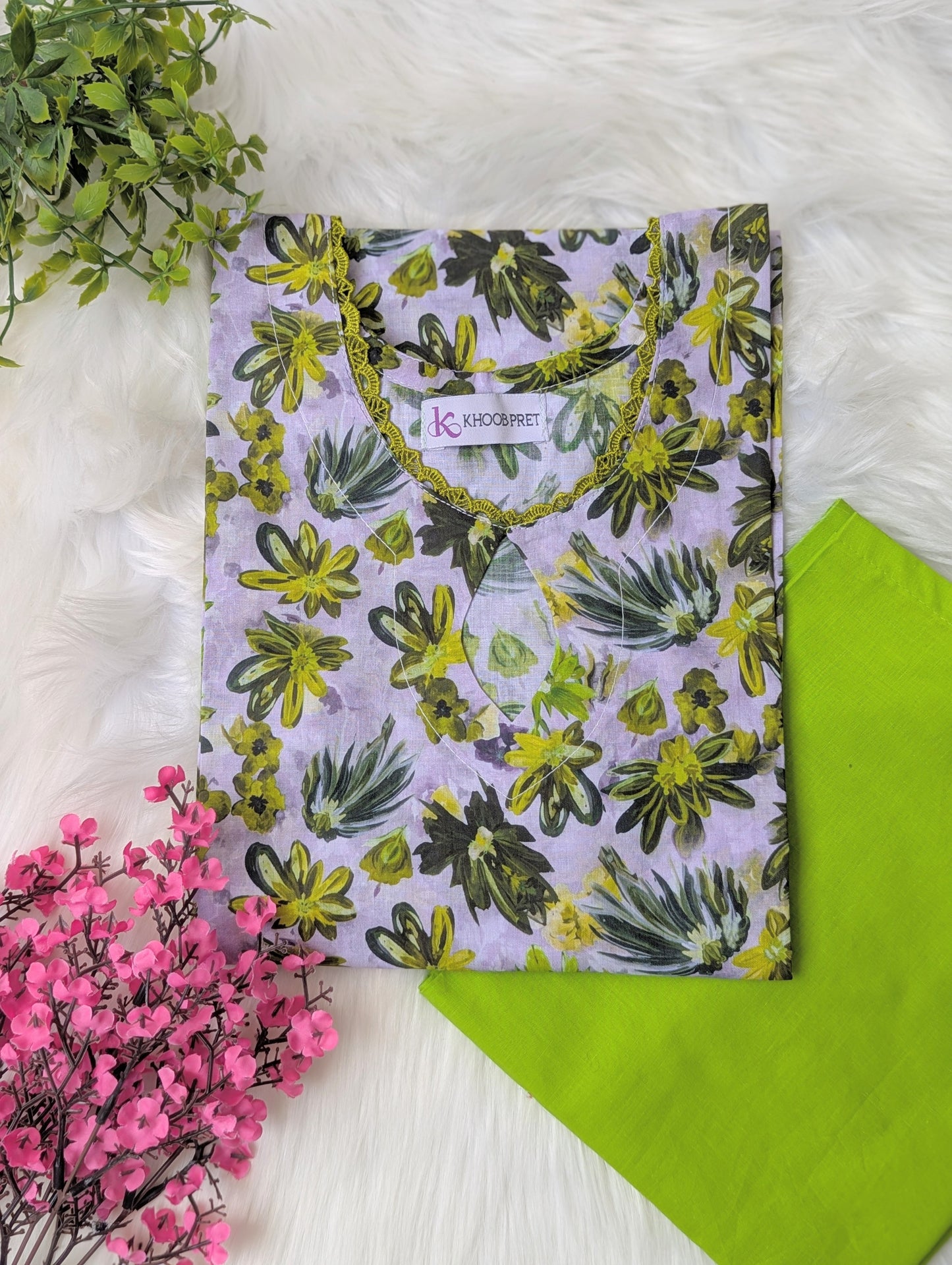 Light Green Petals & Green Wide Leg Plazo - 2pcs