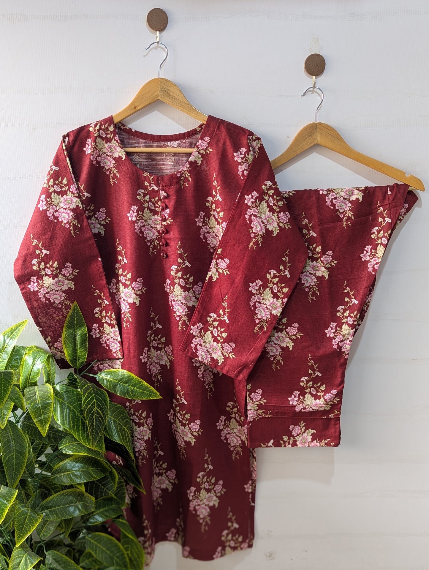 Floral Maroon Khaddar Stitched 2pc