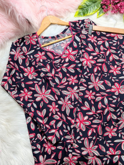 Black & Pink Florals Linen Stitched 2pc
