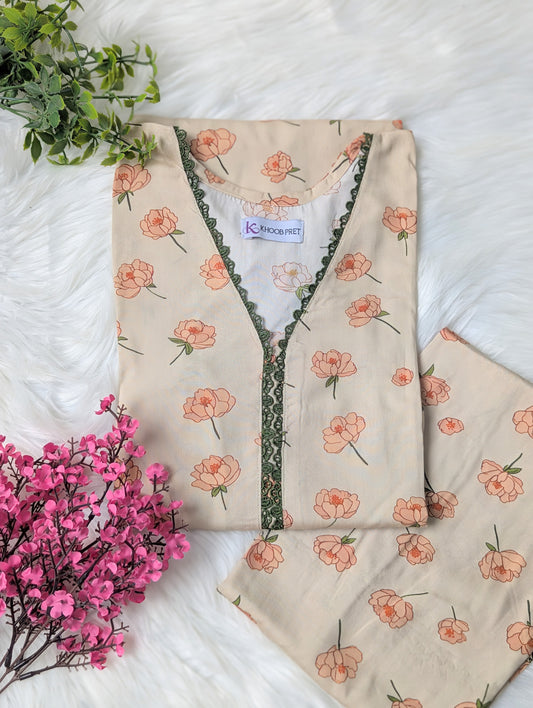 Creamy Petals Linen Stitched 2pc