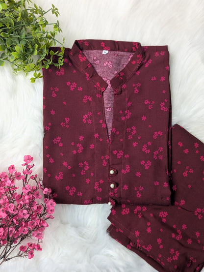 Burgundy Little Flower Linen Stitched 2pc