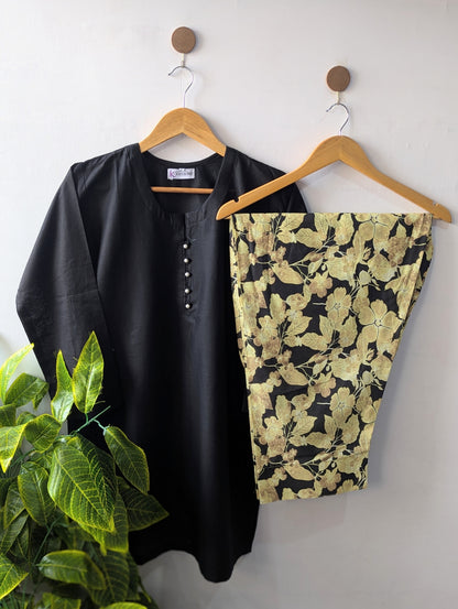 Black & Floral Shalwar Lawn Farshi Set - 2pc