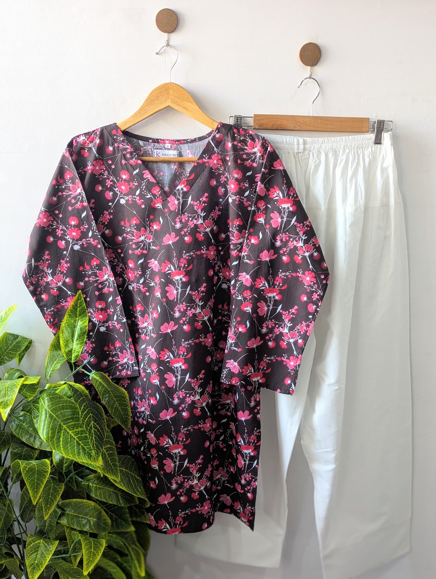 Black Floral Lawn Farshi Set - Corset Back - 2pcs