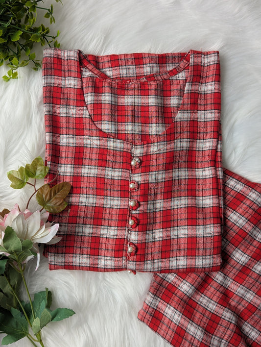 Red Checks Linen 2pc Dress