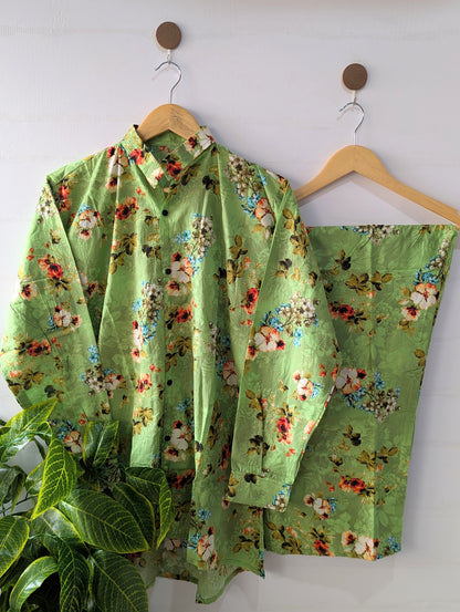 Green Petals Lawn Button Down Co-ord