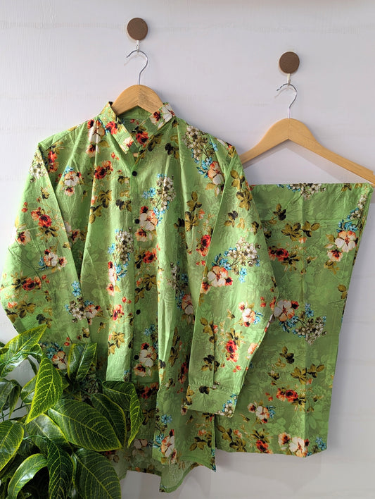 Green Petals Lawn Button Down Co-ord
