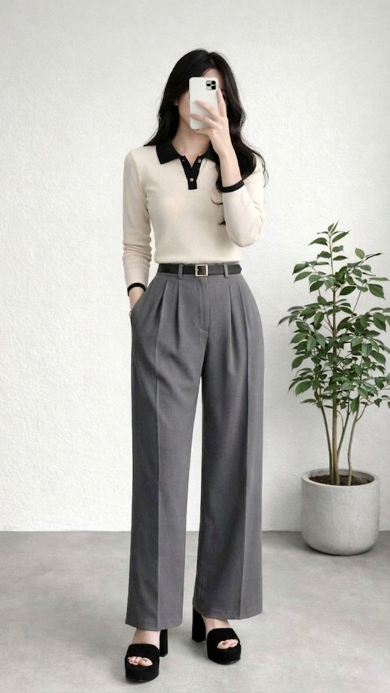 Wide Leg Pleated Korean Pants- Grey