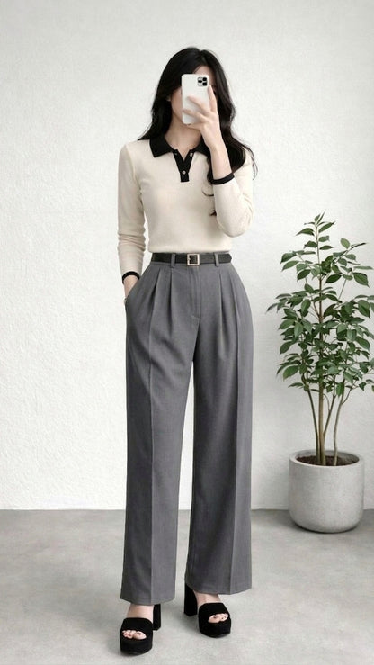 Wide Leg Pleated Korean Pants- Grey