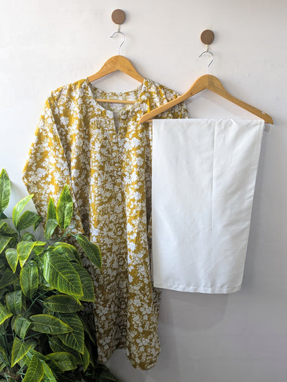 Yellow Petals & White Wide Leg Plazo - 2pcs
