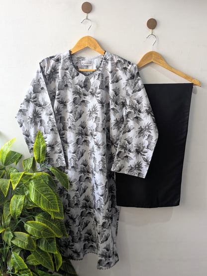 Grey Petals & Black Wide Leg Plazo - 2pcs