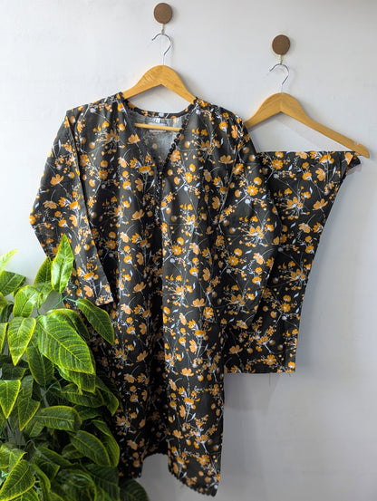 Black Florals Lawn Stitched 2pc