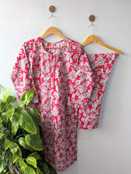 Red & White Florals Lawn Stitched 2pc