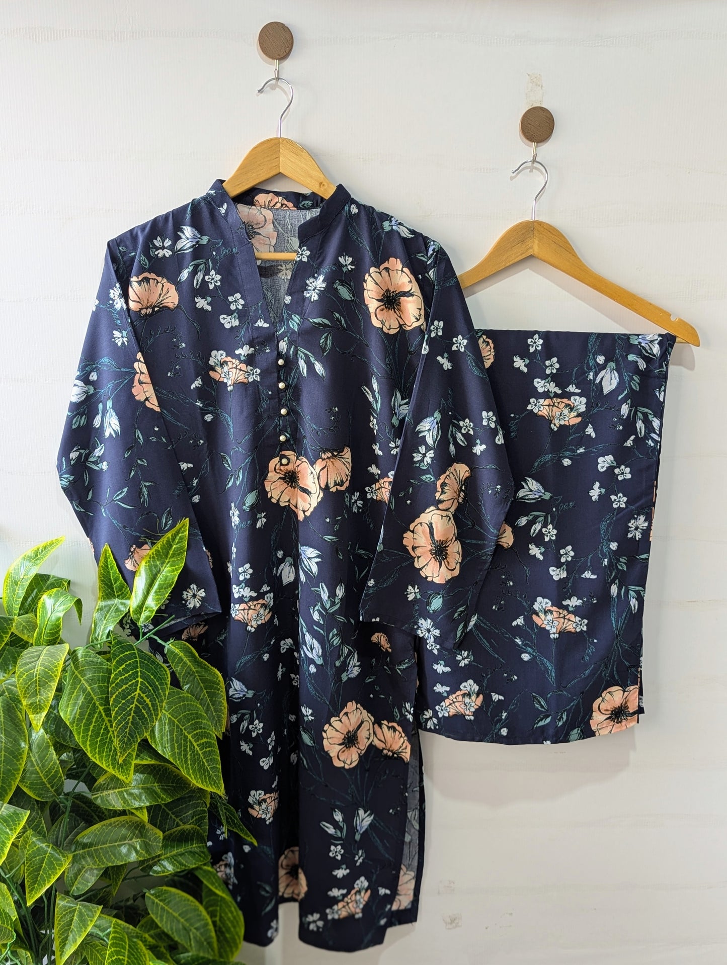 Navy Florals Linen Stitched 2pc