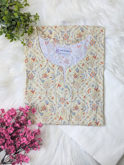 Cream Floral & White Wide Leg Plazo - 2pcs