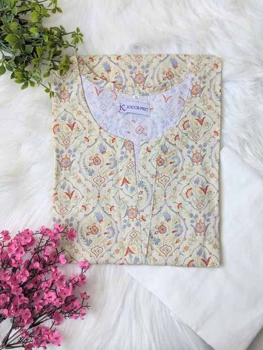 Cream Floral & White Wide Leg Plazo - 2pcs