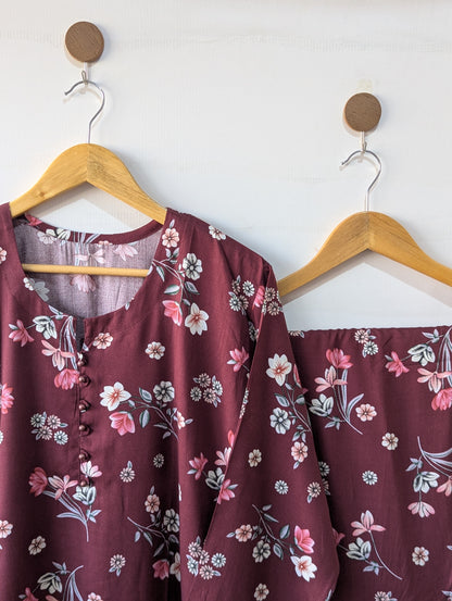 Burgandy Florals Linen 2pc Dress