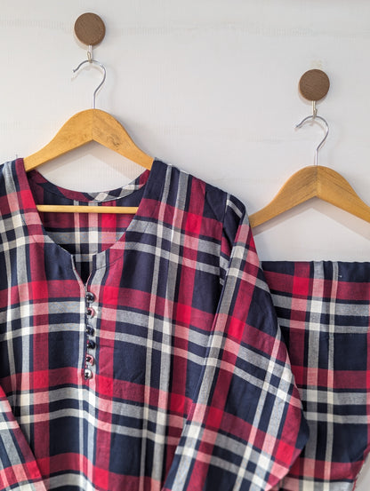 Red & Black Checks Linen 2pc Dress
