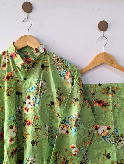 Green Petals Lawn Button Down Co-ord