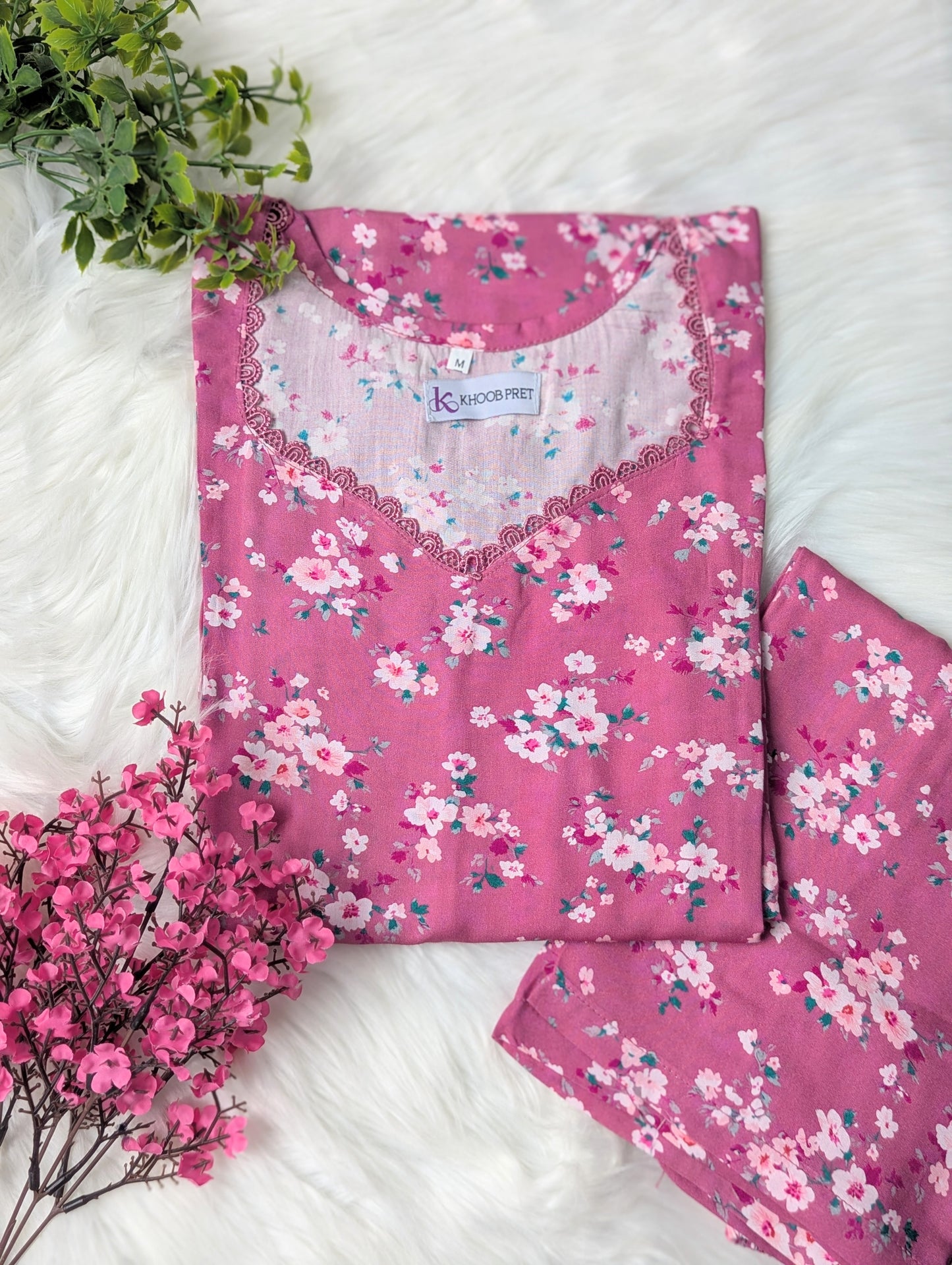 Pink Orchids Linen Stitched 2pc