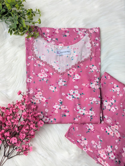 Pink Orchids Linen Stitched 2pc