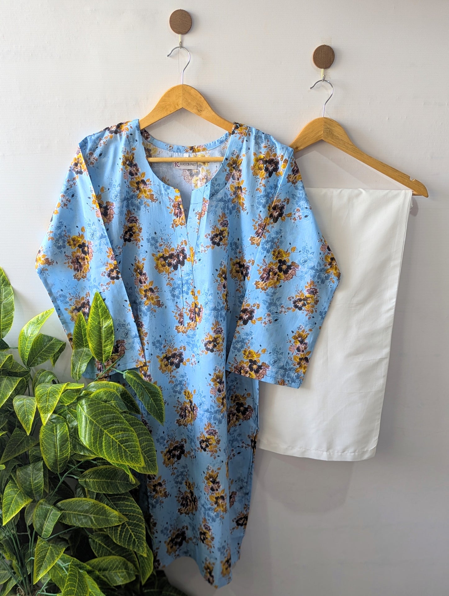 Sky Blue Floral & White Wide Leg Plazo - 2pcs