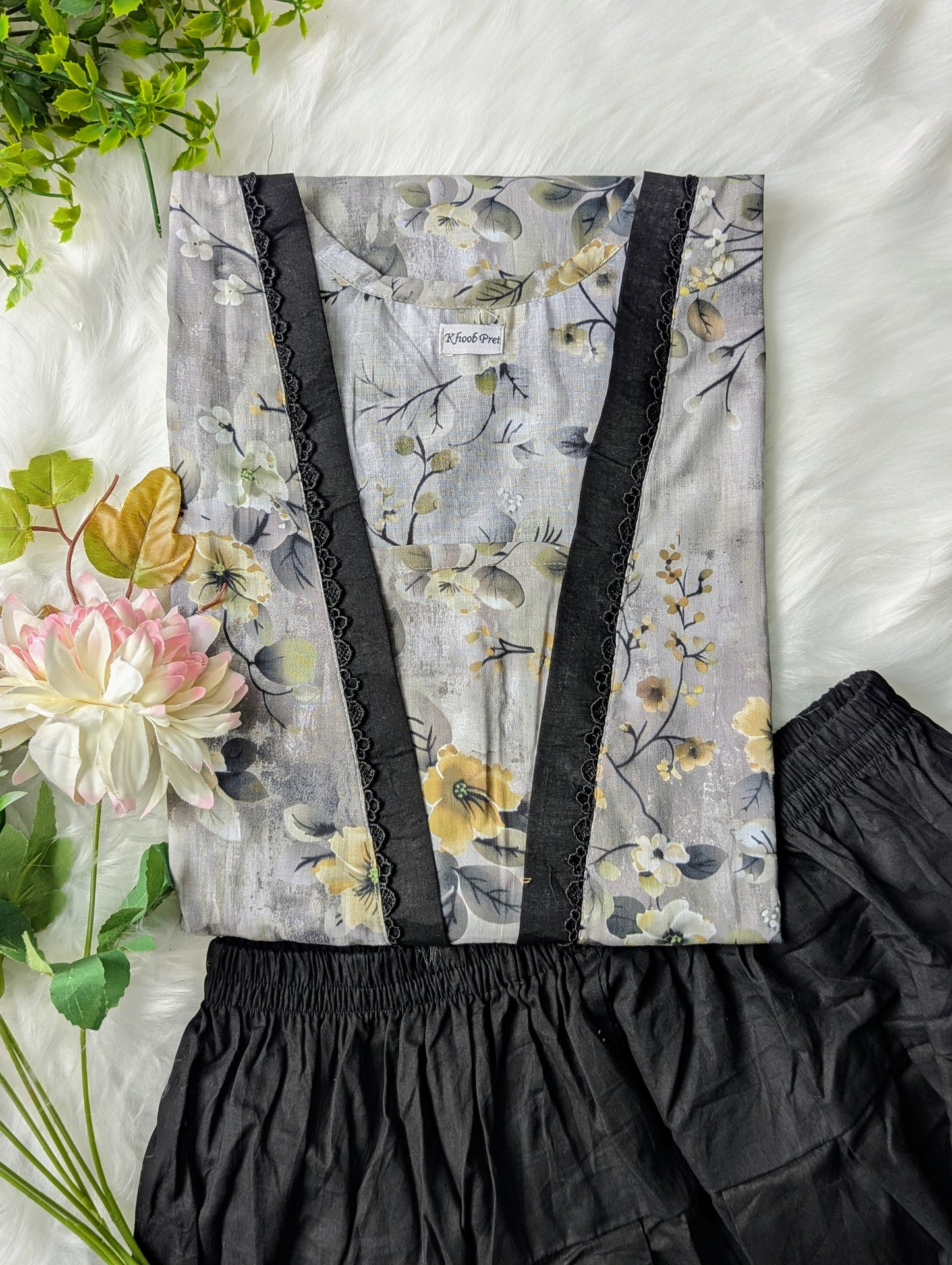 Grey Petals Lawn Farshi Shalwar Set - 2pc Dress