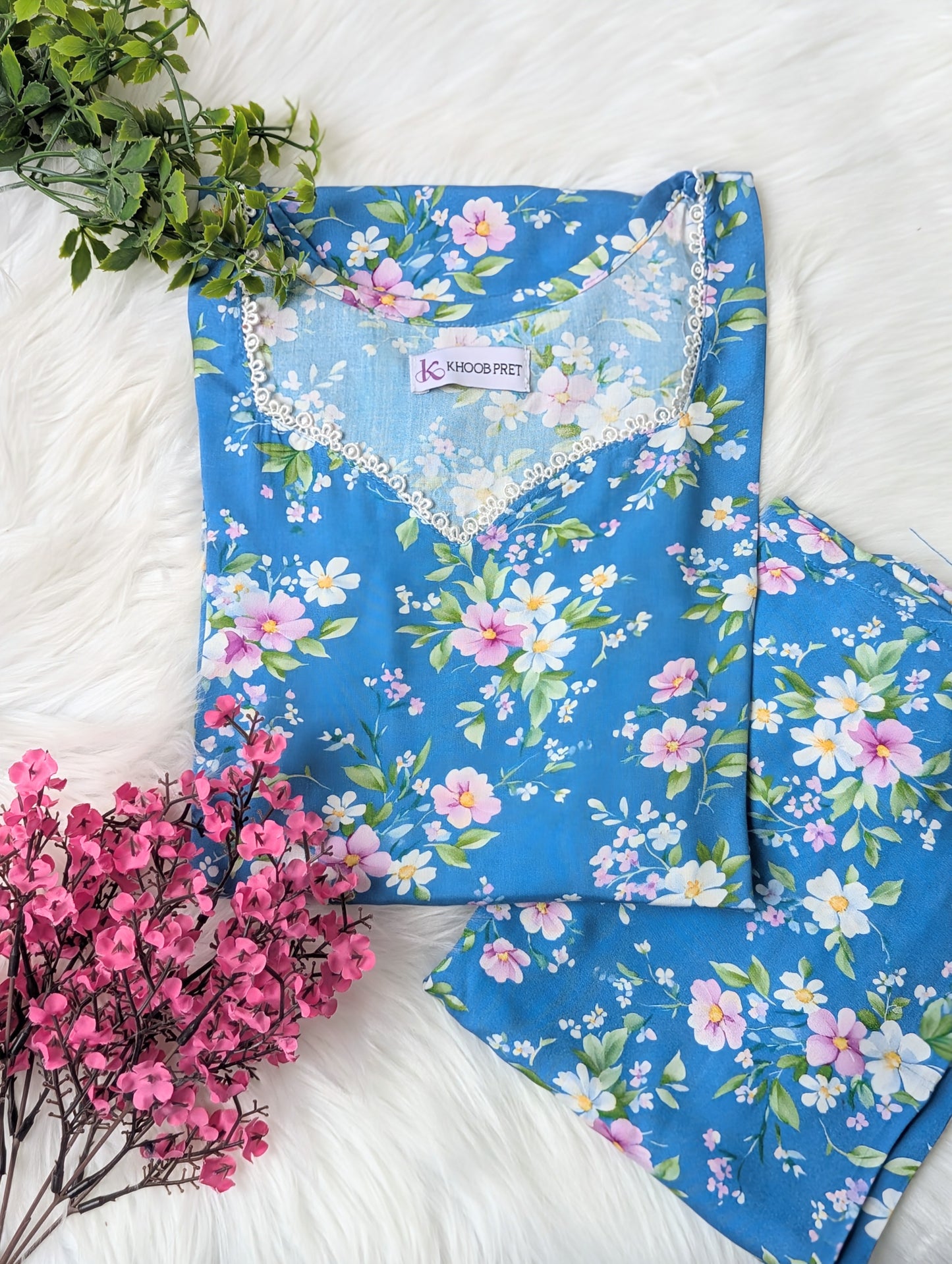Blue Daisy Linen Stitched 2pc