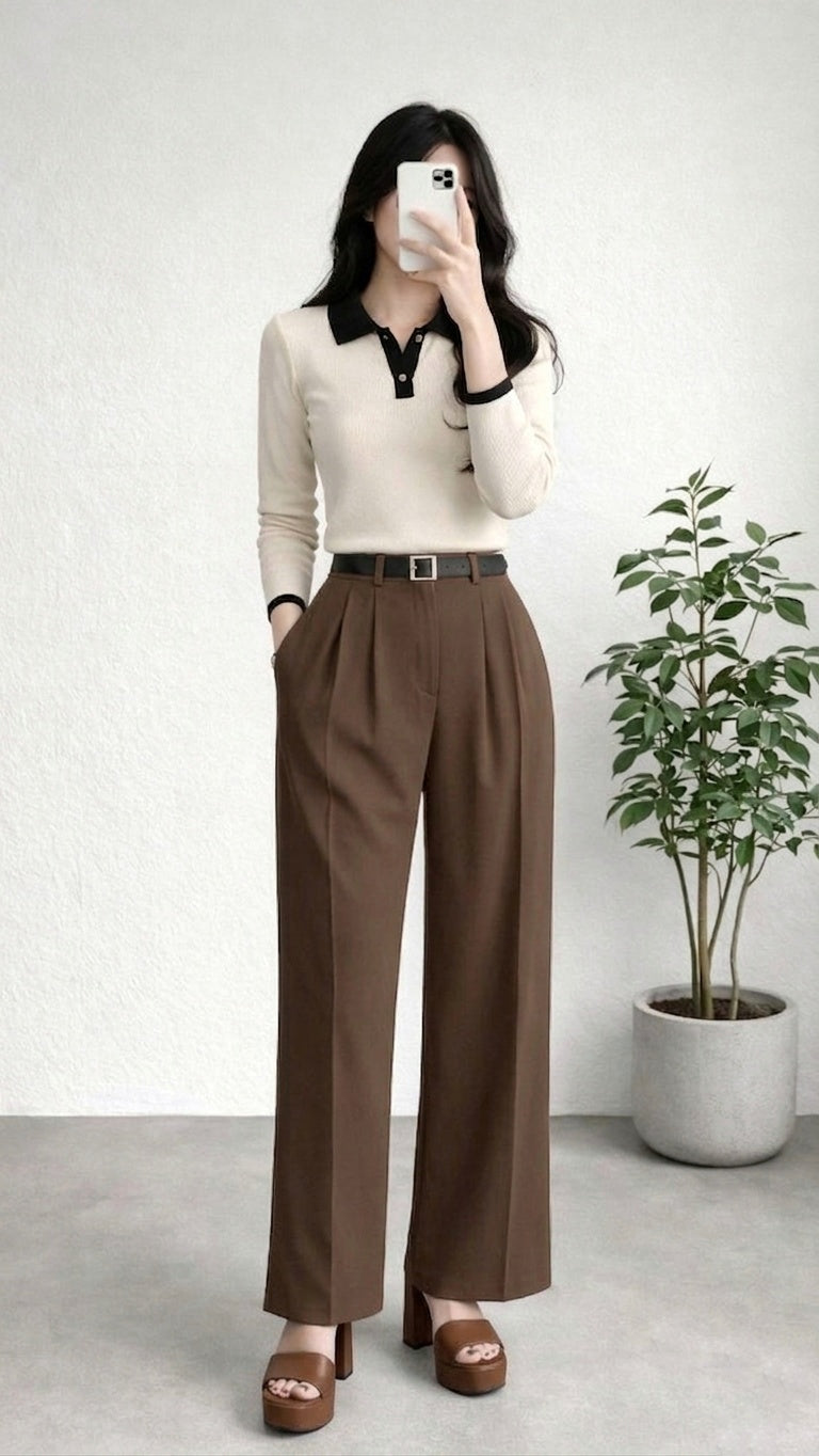 Wide Leg Pleated Korean Pants- Brown