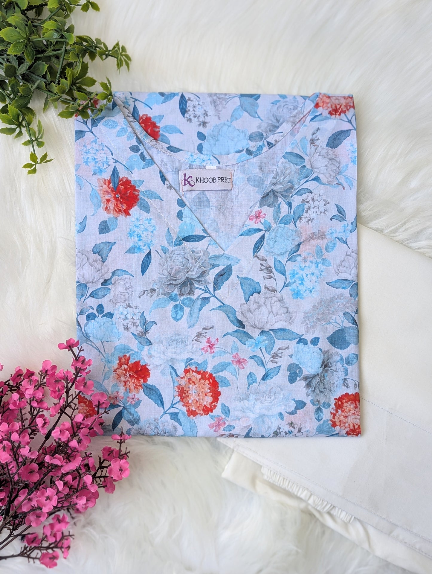 Sea Blue Floral Lawn Farshi Set - Corset Back - 2pcs