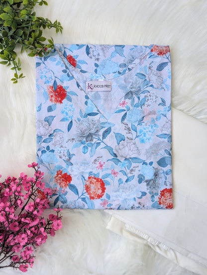 Sea Blue Floral Lawn Farshi Set - Corset Back - 2pcs