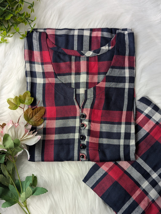Red & Black Checks Linen 2pc Dress
