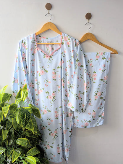 Sky & Pink Petals Linen Stitched 2pc